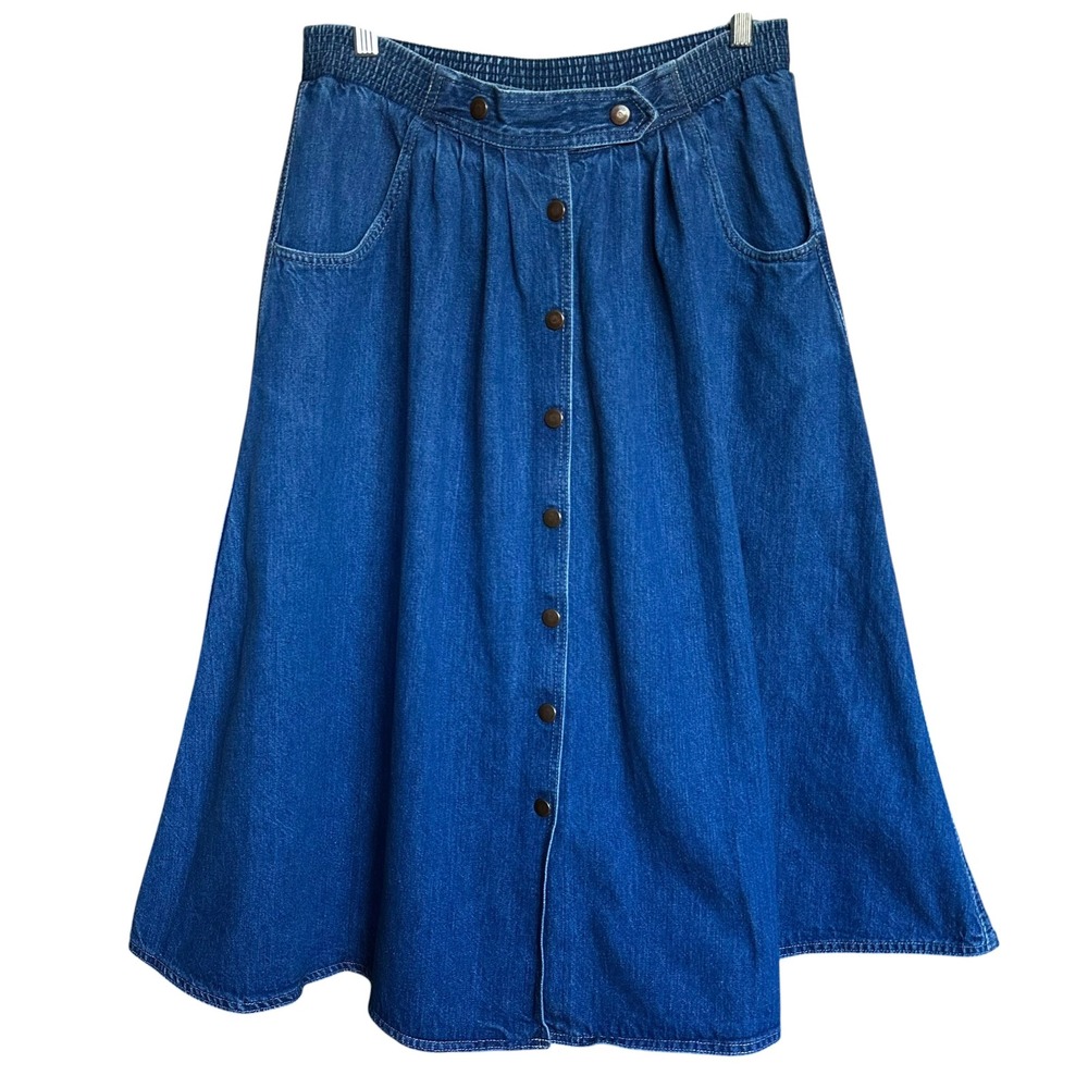 Vintage 80s Sasson Denim Midi Skirt 100% Cotton Snap Front Elastic Waist Size 8